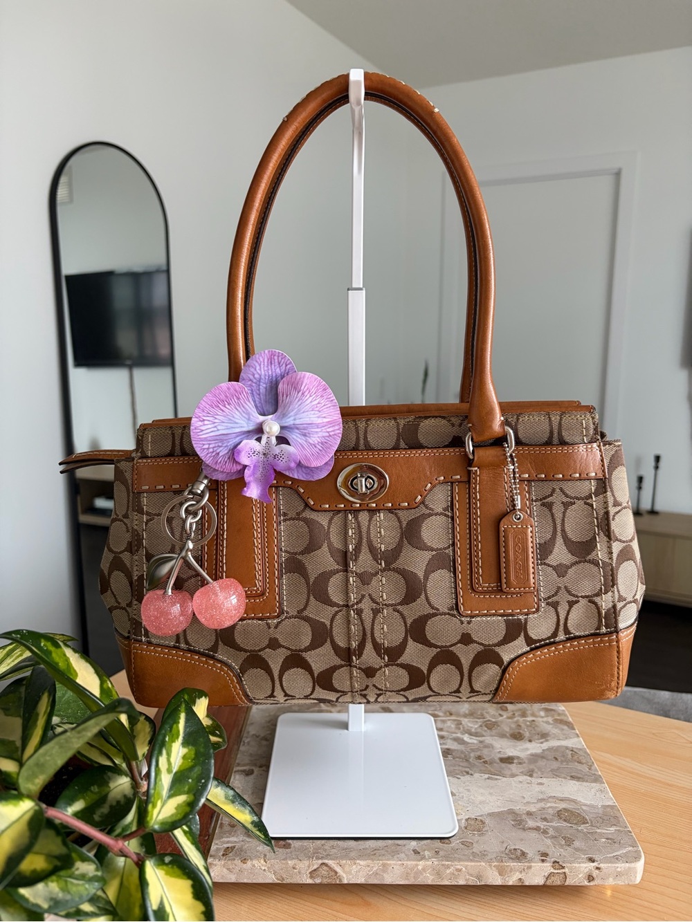 RARE Coach Signature Canvas & Tan Leather, Silver Turn Lock Tote